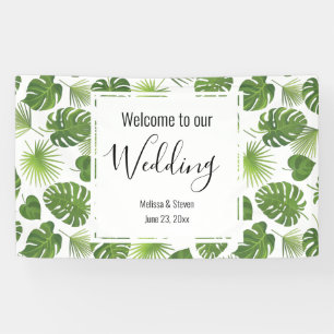Stylish Green Tropical Leaves Pattern Wedding Banner