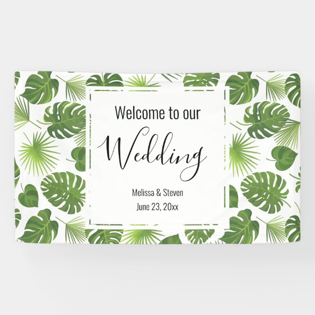 Stylish Green Tropical Leaves Pattern Wedding Banner (Horizontal)