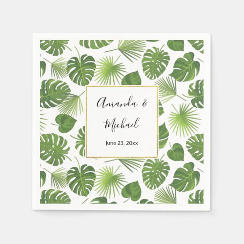 Stylish Green Tropical Leaves Pattern Wedding Napkins