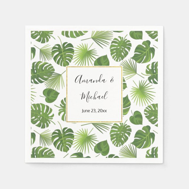 Stylish Green Tropical Leaves Pattern Wedding Napkins (Front)