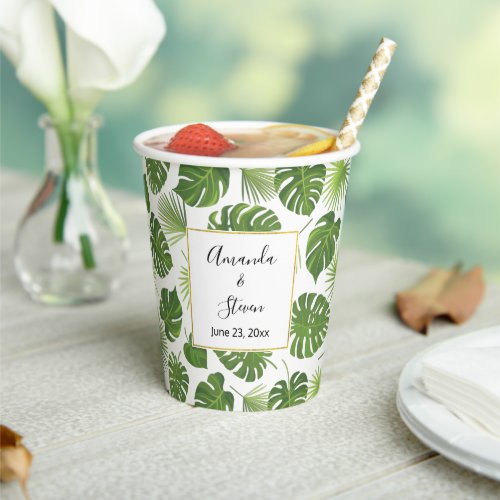 Stylish Green Tropical Leaves Pattern Wedding Paper Cups