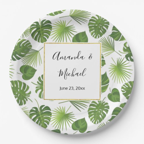 Stylish Green Tropical Leaves Pattern Wedding Paper Plates