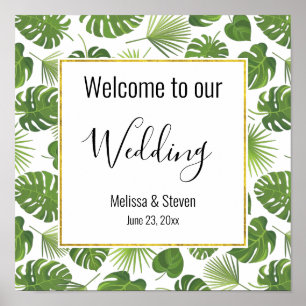 Stylish Green Tropical Leaves Pattern Wedding Poster