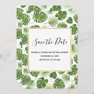 Stylish Green Tropical Leaves Pattern Wedding Save The Date