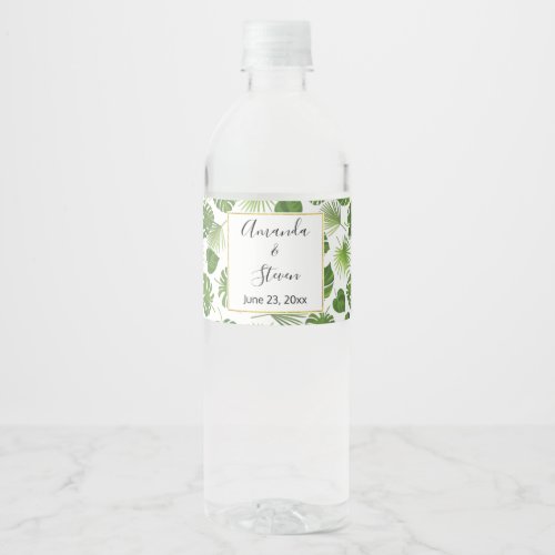 Stylish Green Tropical Leaves Pattern Wedding Water Bottle Label