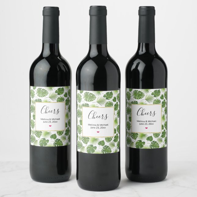 Stylish Green Tropical Leaves Pattern Wedding Wine Label (Bottles)