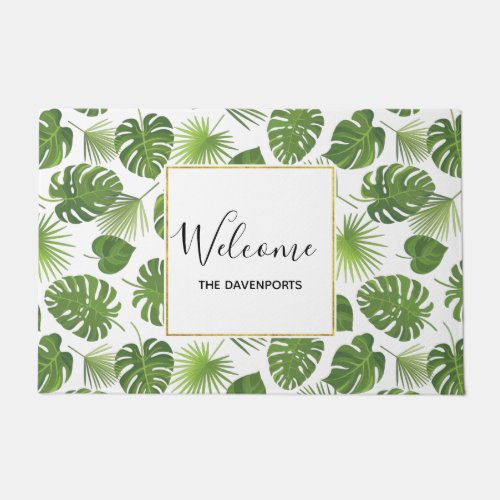 Stylish Green Tropical Leaves Pattern Welcome Doormat