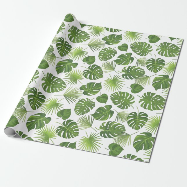 Stylish Green Tropical Leaves Pattern Wrapping Paper (Unrolled)