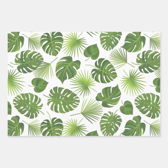 Stylish Green Tropical Leaves Pattern Wrapping Paper Sheets (Front)