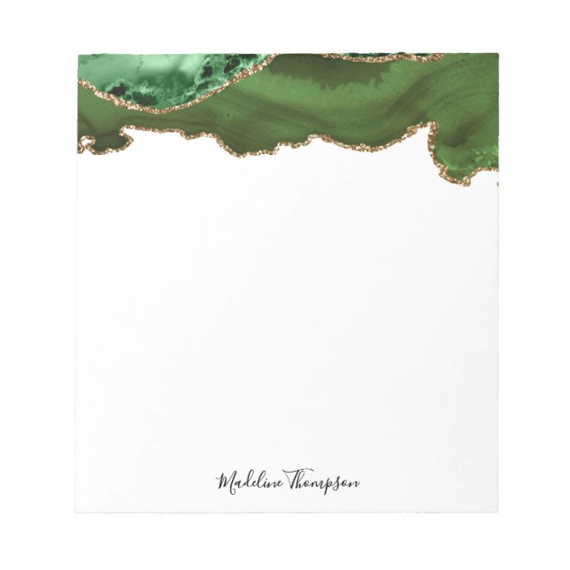 Stylish Green Velvet Agate Geode Script Typography Notepad (Front)