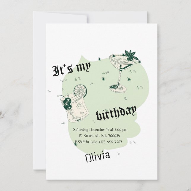 Stylish Green & White Birthday Invitation Card (Front)