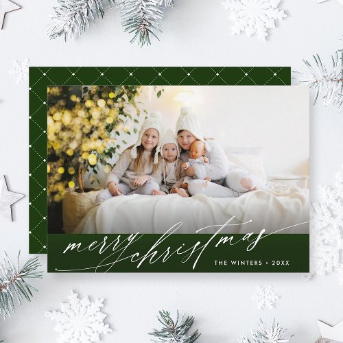 Stylish Green  White Script Christmas Photo Holiday Card