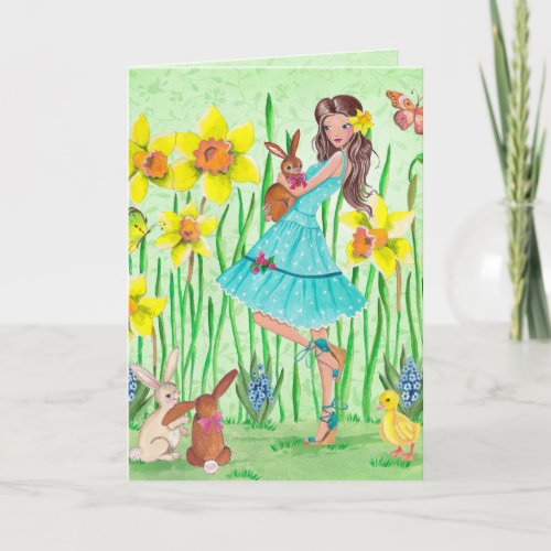 Stylish Green  Yellow Easter Floral Girl Holiday Card