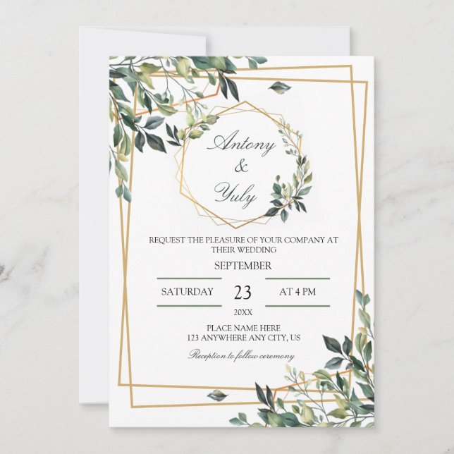 stylish Greenery Botanical Foliage Wedding Invitation (Front)