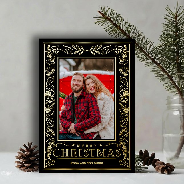 Stylish Greenery Christmas Photo Gold Foil Holiday Card (Stylish REAL GOLD FOIL winter foliage border on black photo Christmas holiday cards)