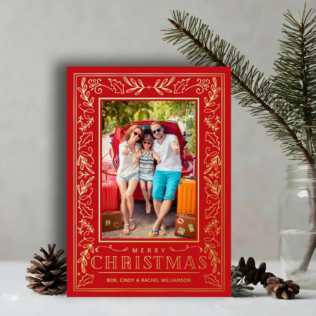 Stylish Greenery Christmas Photo Gold Foil Holiday Card (Stylish REAL GOLD FOIL winter foliage border on red photo Christmas holiday cards)