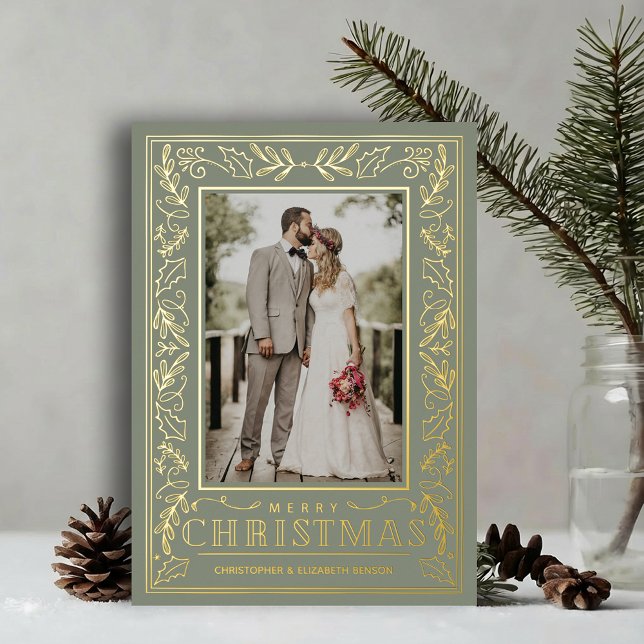 Stylish Greenery Christmas Photo Gold Foil Holiday Card (Stylish REAL GOLD FOIL winter foliage border on sage green photo Christmas holiday cards)