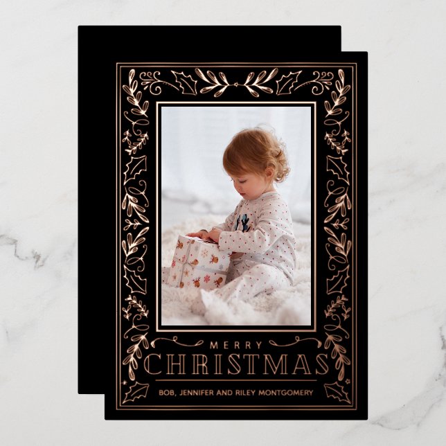 Stylish Greenery Christmas Photo Rose Gold Foil Holiday Card (Front/Back)