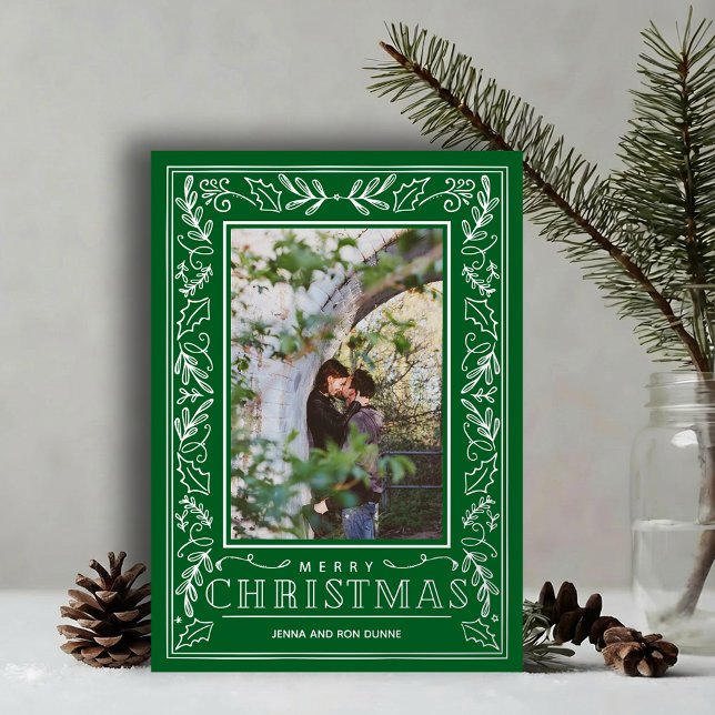 Stylish Greenery Christmas Photo Silver Foil Holiday Card (Stylish REAL SILVER FOIL winter foliage border on green photo Christmas holiday cards)