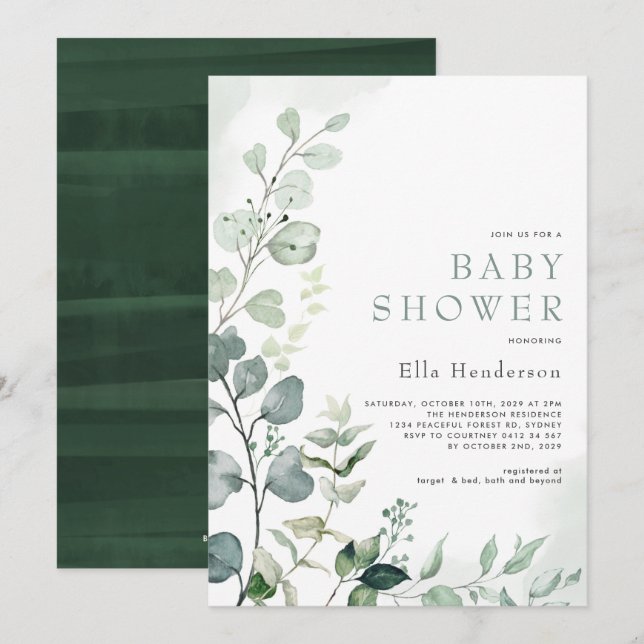Stylish Greenery Eucalyptus Garden Baby Shower Invitation (Front/Back)