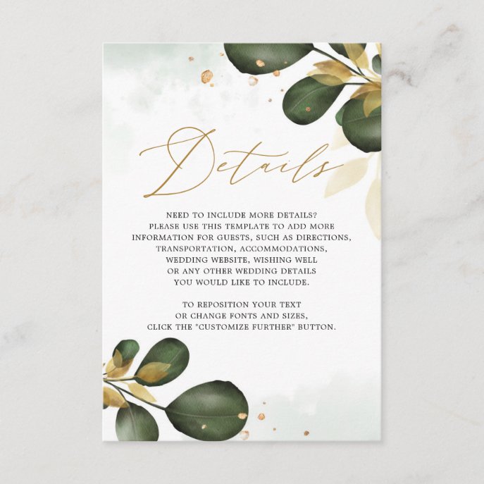 Stylish Greenery Gold Botanical Wedding Details Enclosure Card