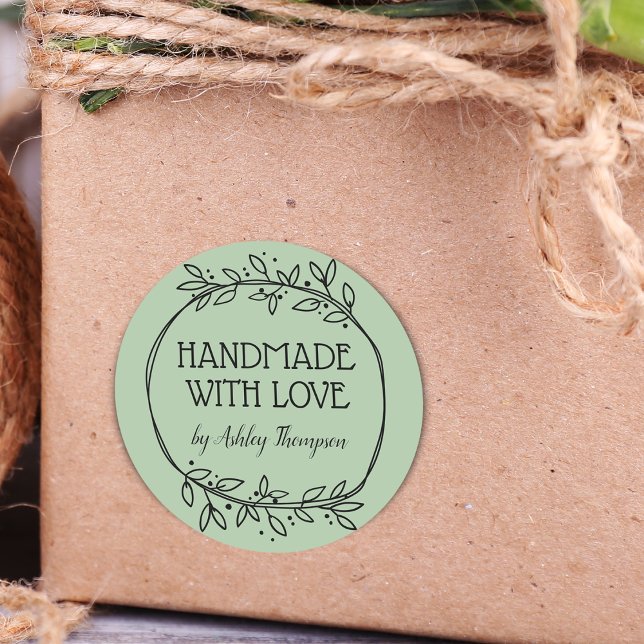 Stylish Greenery Handmade With Love Name Green Classic Round Sticker (Stylish Greenery Handmade With Love Name Green Classic Round Sticker)