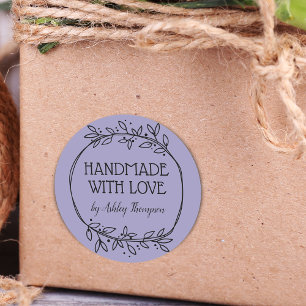Stylish Greenery Handmade With Love Name Purple Classic Round Sticker