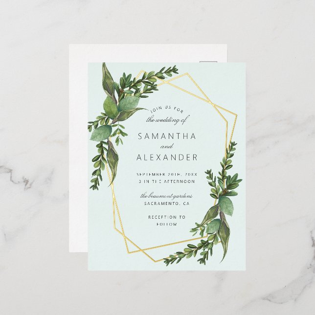 Stylish Greenery Mint & Gold Geometric Wedding Foil Invitation Postcard (Front/Back)