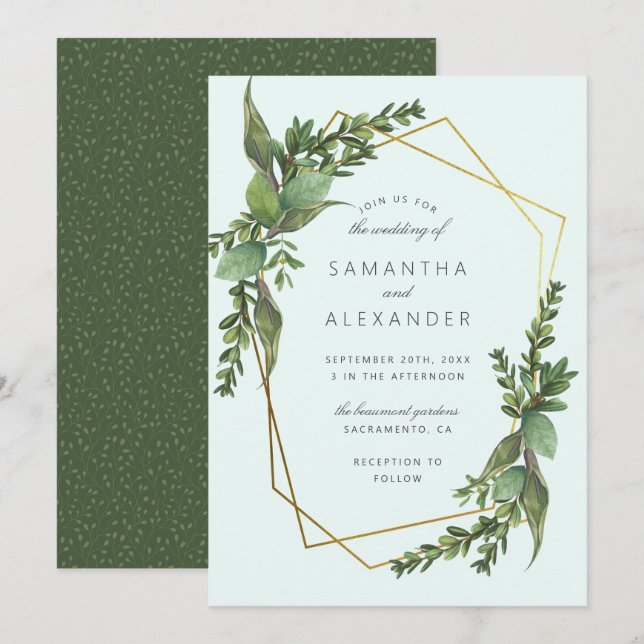 Stylish Greenery Mint & Gold Geometric Wedding Invitation (Front/Back)
