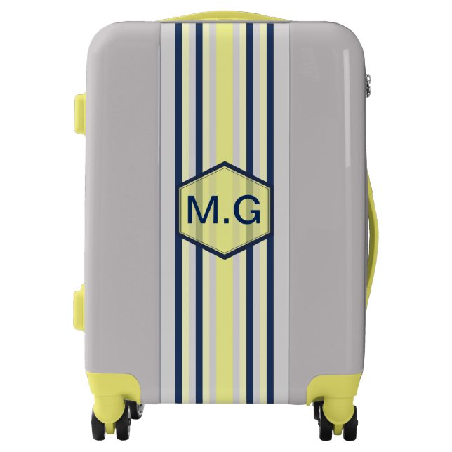 Stylish Grey and Yellow Stripes Monogram Luggage (Front)