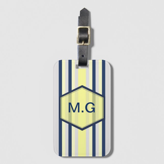 Stylish Grey and Yellow Stripes Monogram Luggage Tag (Front Vertical)