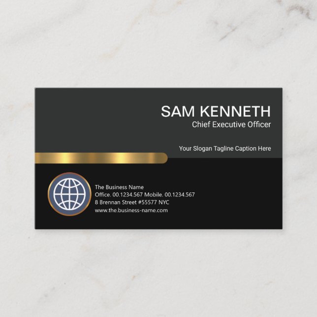 Stylish Grey Black Columns Gold Stripe CEO Founder Business Card (Front)