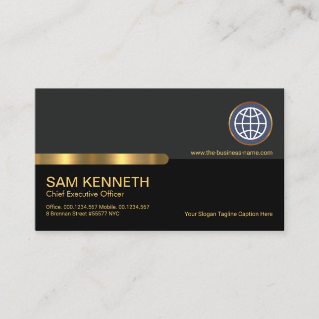 Stylish Grey Black Columns Gold Stripe Founder CEO Business Card (Front)