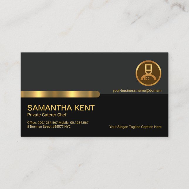 Stylish Grey Black Layer Gold Stripe Private Chef Business Card (Front)