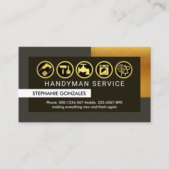 Stylish Grey Gold Frame Handyman Business Card (Front)