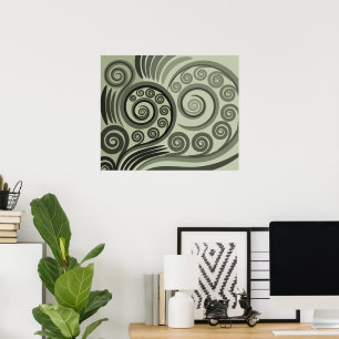 Stylish Grey-Green Abstract Fern Curls Poster