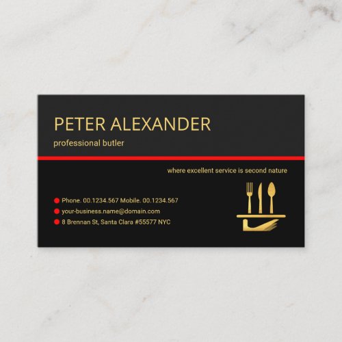 Stylish Grey Layers Red Line Waiter Butler Service Business Card