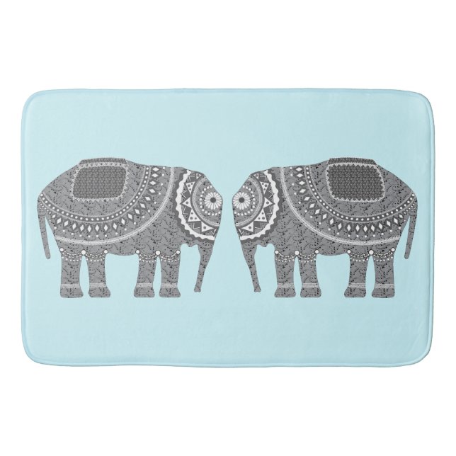Stylish Grey Ornate Elephants Design, Modern Blue Bath Mat (Front)