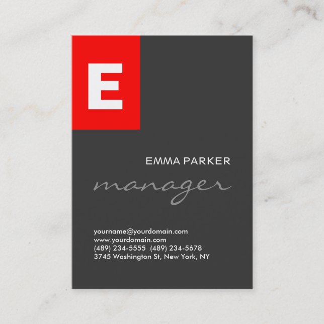 Stylish Grey Red White Monogram Professional Business Card (Front)