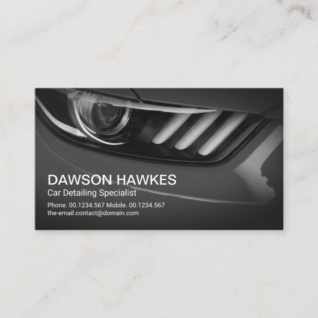 Stylish Grey Sports Car Headlights Auto Detailing Business Card (Front)