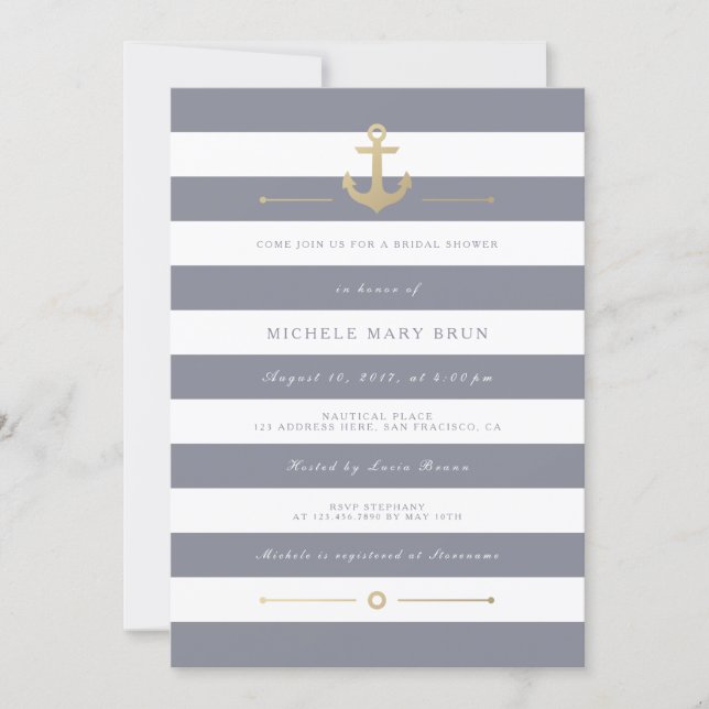 Stylish Grey Striped Nautical Bridal Shower Invite (Front)