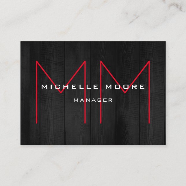 Stylish Grey Wood Huge Red Monogram Modern Business Card (Front)