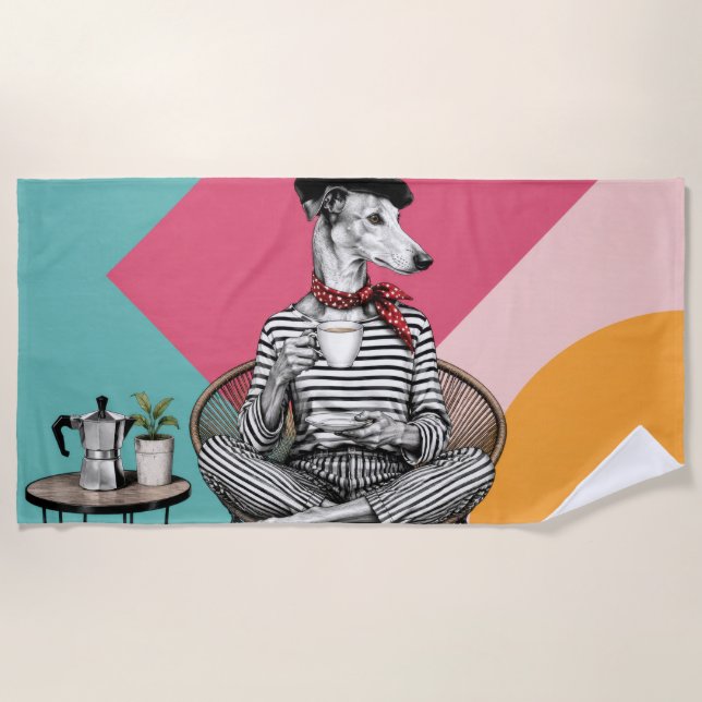 Stylish Greyhound Coffee Pop Art Portrait Beach Towel (Front)