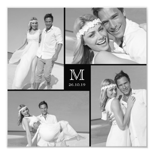Stylish Grid Black Square Monogram 4 Photo Wedding Print (Front)