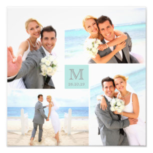 Stylish Grid Blue Square Monogram 4 Photo Wedding