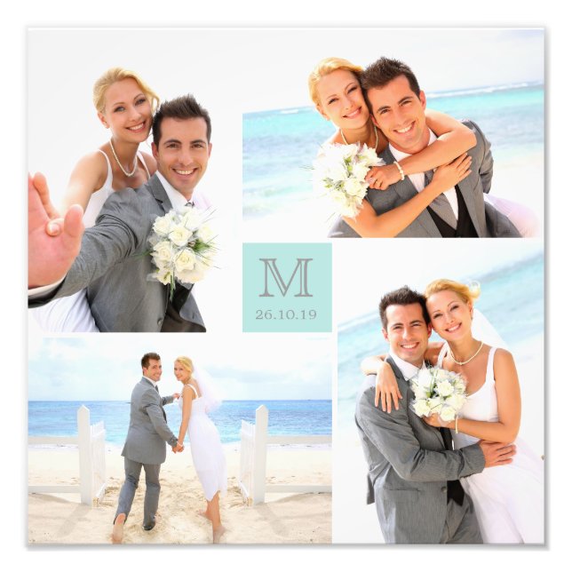 Stylish Grid Blue Square Monogram 4 Photo Wedding Print (Front)