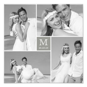 Stylish Grid Grey Square Monogram 4 Photo Wedding Print
