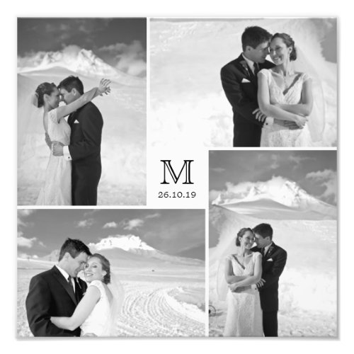 Stylish Grid White Square Monogram 4 Photo Wedding