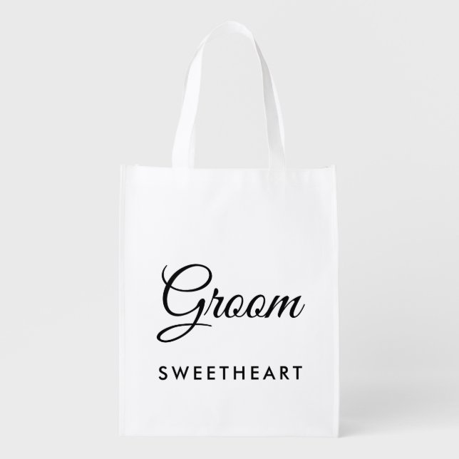 Stylish Groom & Name Text Reusable Grocery Bags (Front)