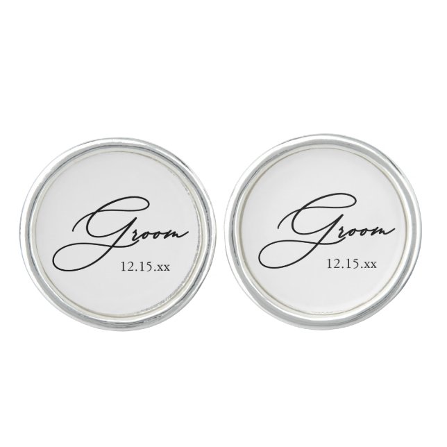Stylish Groom Script with Wedding Date Cufflinks (Front)